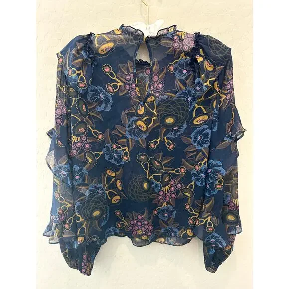 TED BAKER | Jovena Navy Floral Ruffle Sheer Romantic Blouse Top | Size 0 XS - Picture 5 of 7
